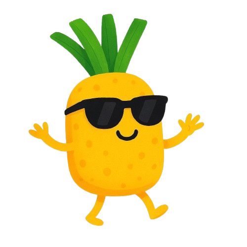 Cool cartoon pineapple character with sunglasses, green leafy crown, and welcoming yellow arms