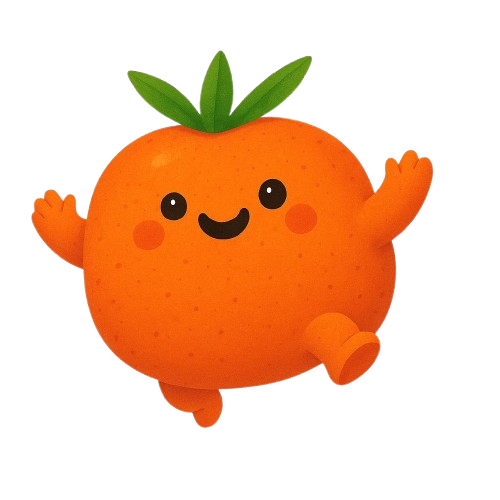 Cute cartoon orange tomato character with green leafy top, smiling face and welcoming orange arms