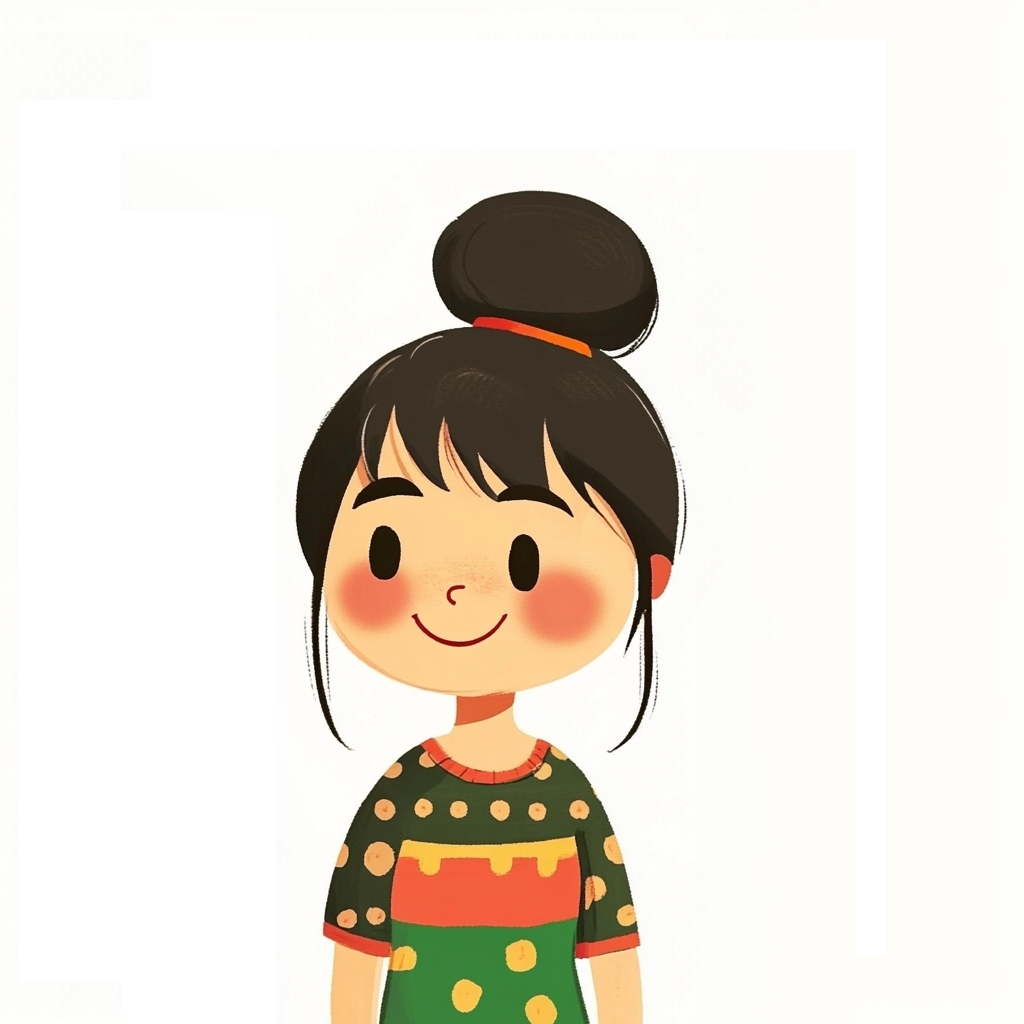 Friendly cartoon illustration of a mom with dark hair in a bun wearing a green polka dot sweater